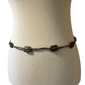 Vtg Fairycore Boho Coastal Coconut Shell Rope Wrap Belt 66" Length Brown Leather